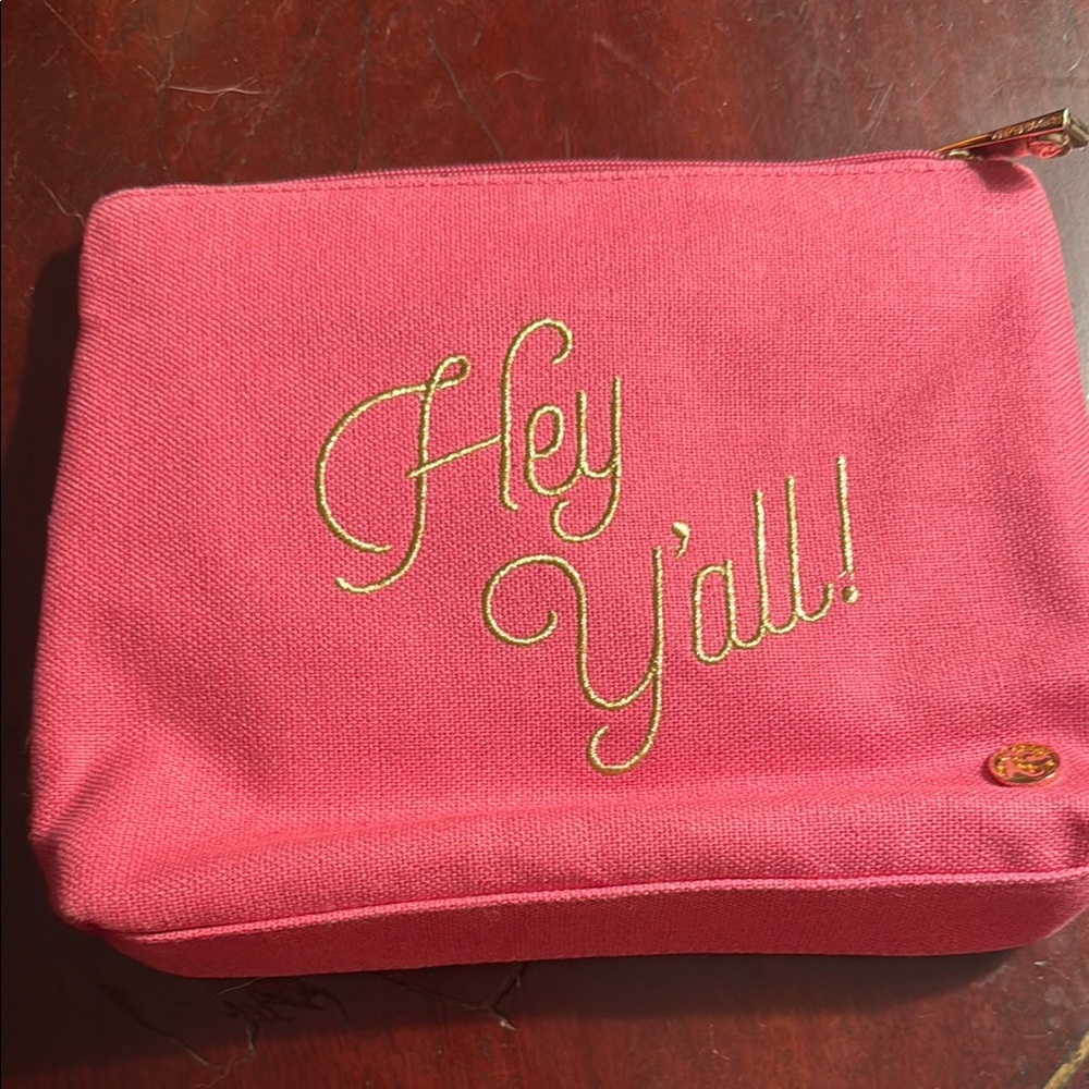 Spartina Pink Linen Pouch with  Hey Y’all in Gold Embroidery